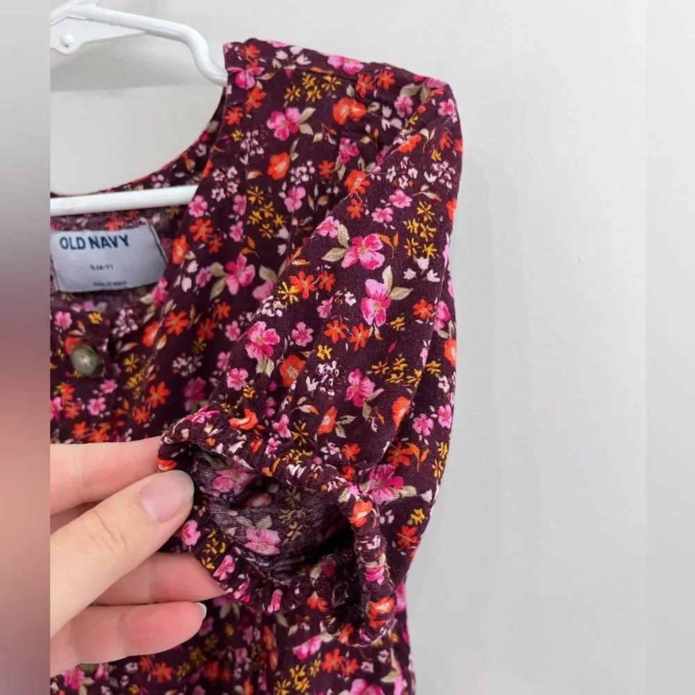 Old Navy girls size S 6-7 Burgundy Ditsy Floral button front puff sleeve dress